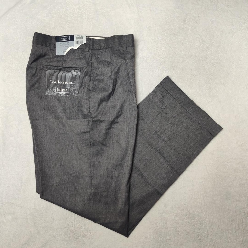 Haggar Pants Mens 34x32 Gray Dress Pleated Cuffed Classic Soft Touch Classic